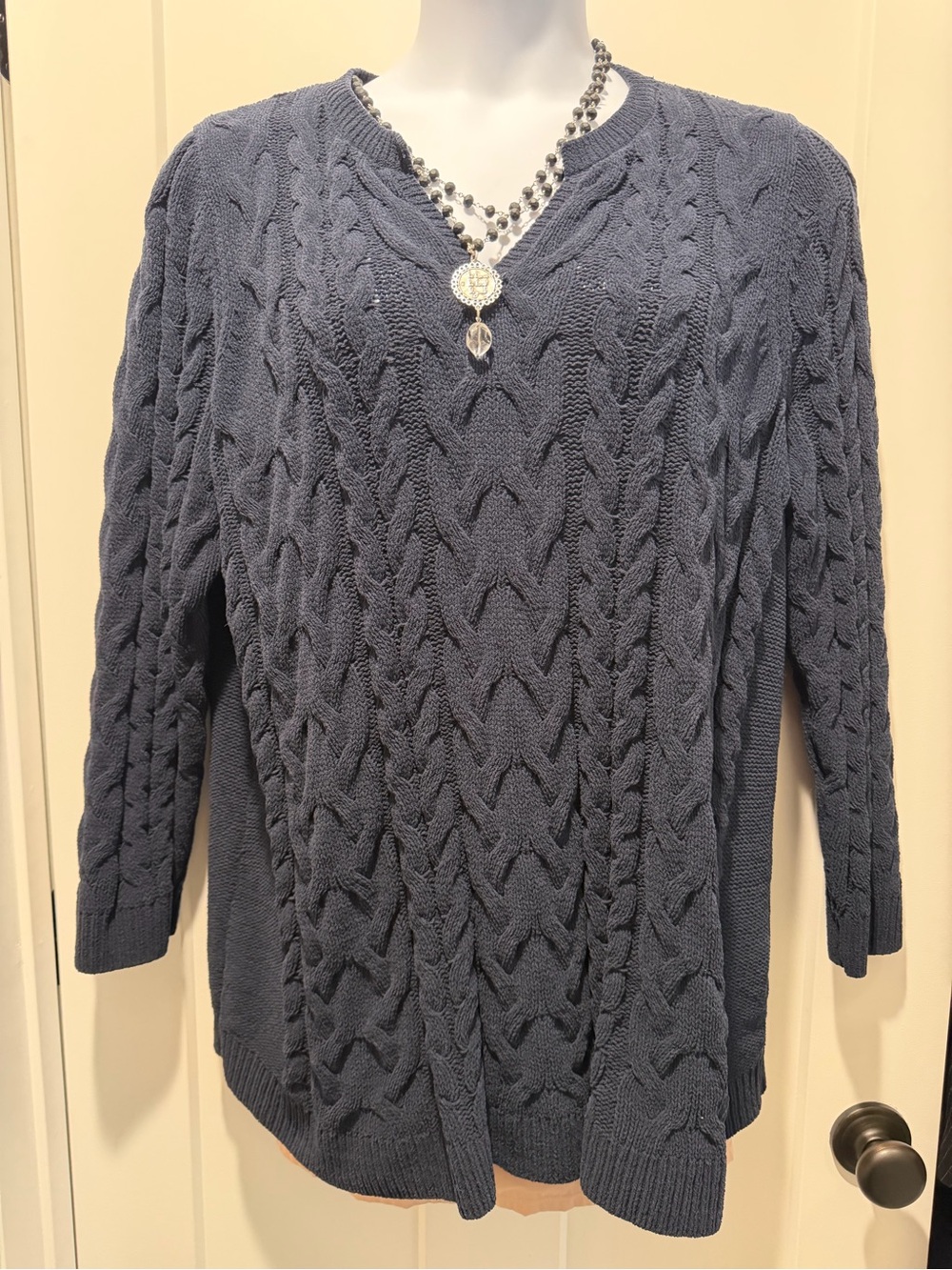 J. Jill Navy Cable-Knit V-Neck Sweater